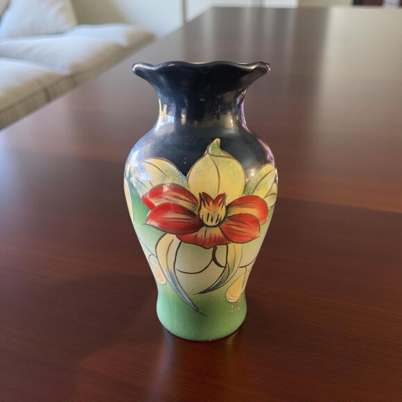 Vintage Hand - Painted Orchid Floral Clay Art Nouveau Vase - Picture 1 of 9